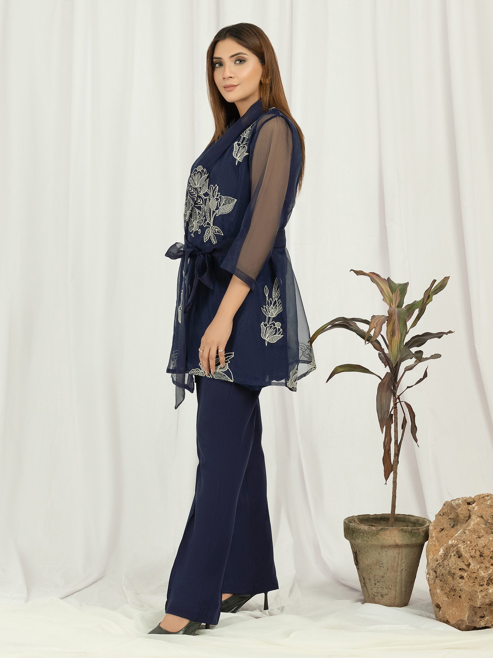 Organza Shirt With Cardigan-Embroidered (Pret)