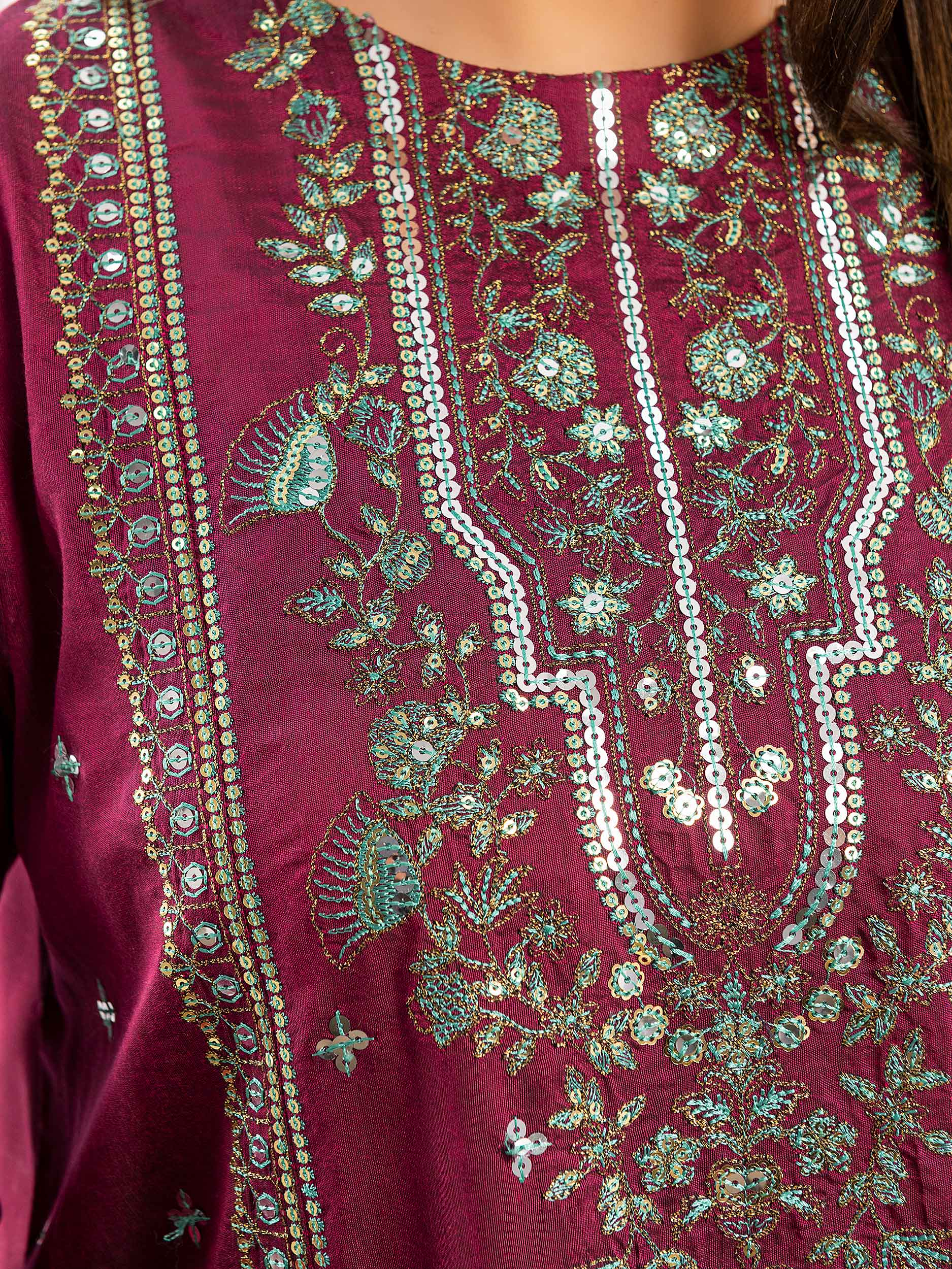 2 Piece Raw Silk Suit-Embroidered (Pret)