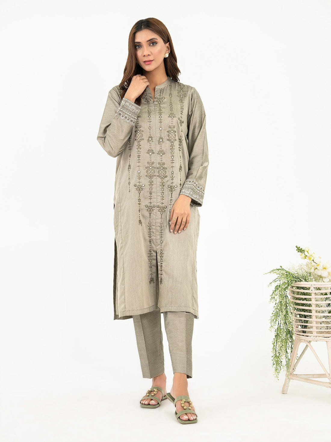 2 Piece Raw Silk Suit-Embroidered (Pret)