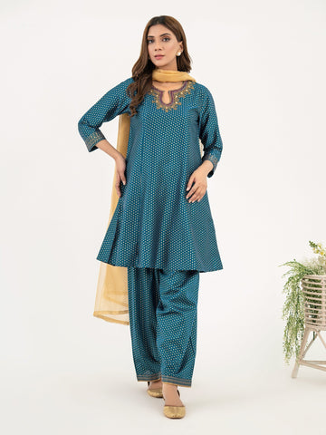 3 Piece Satin Suit-Embroidered (Pret)