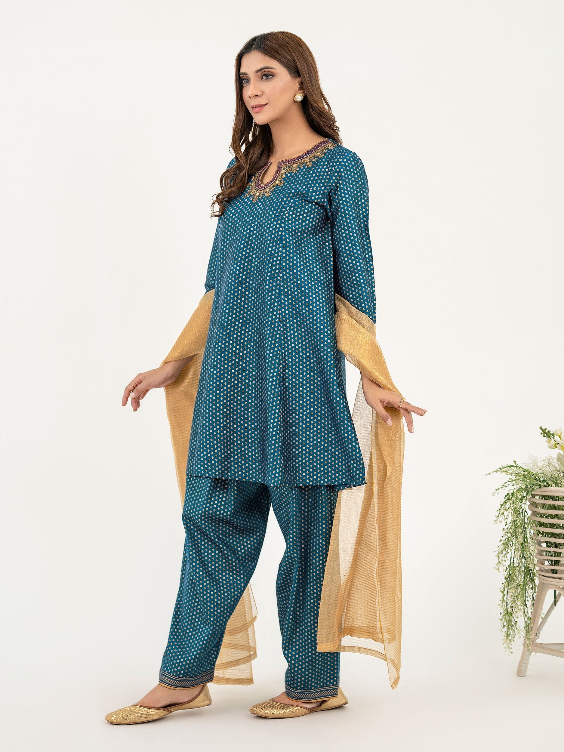 3 Piece Satin Suit-Embroidered (Pret)