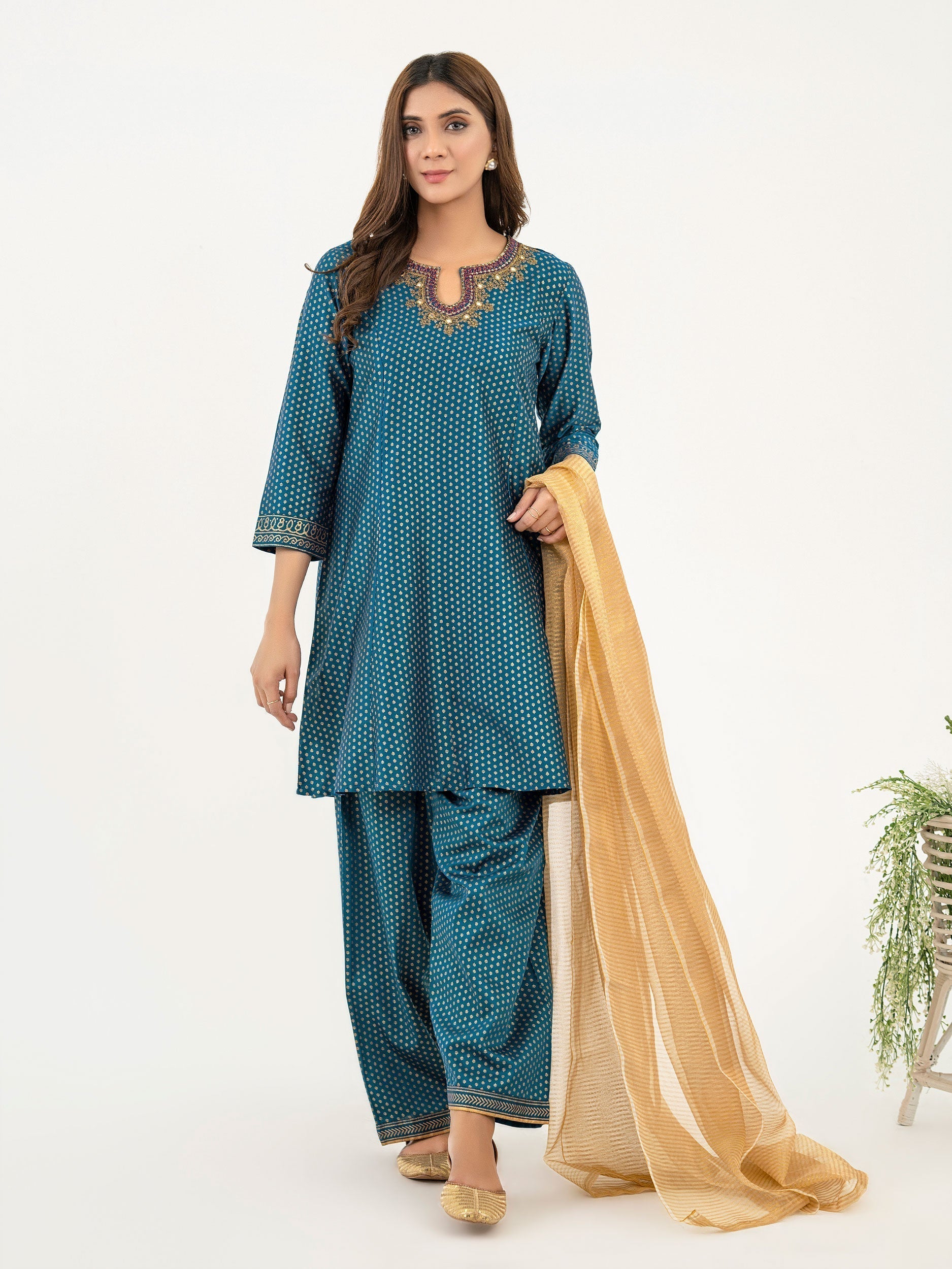 3 Piece Satin Suit-Embroidered (Pret)