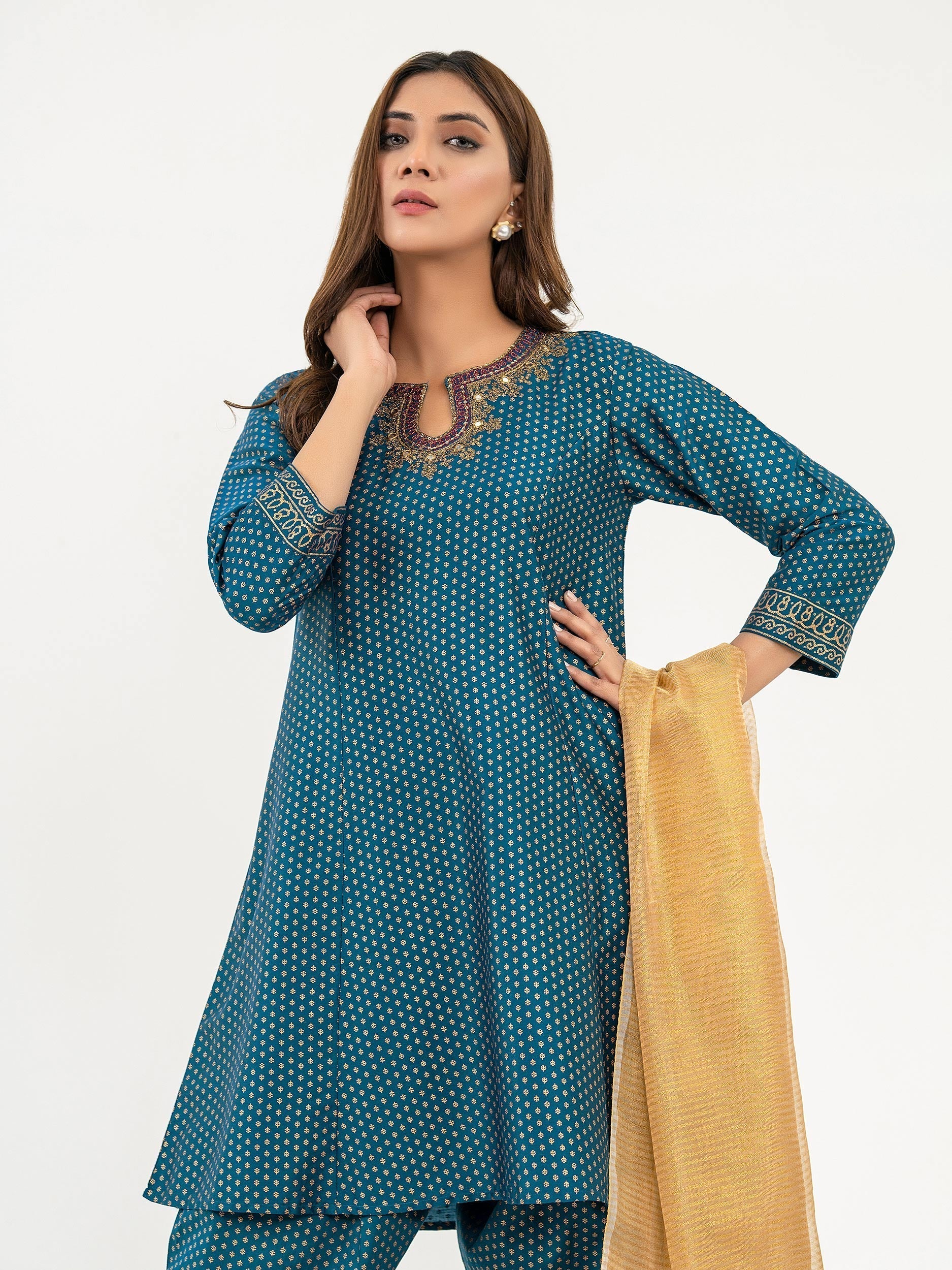 3 Piece Satin Suit-Embroidered (Pret)