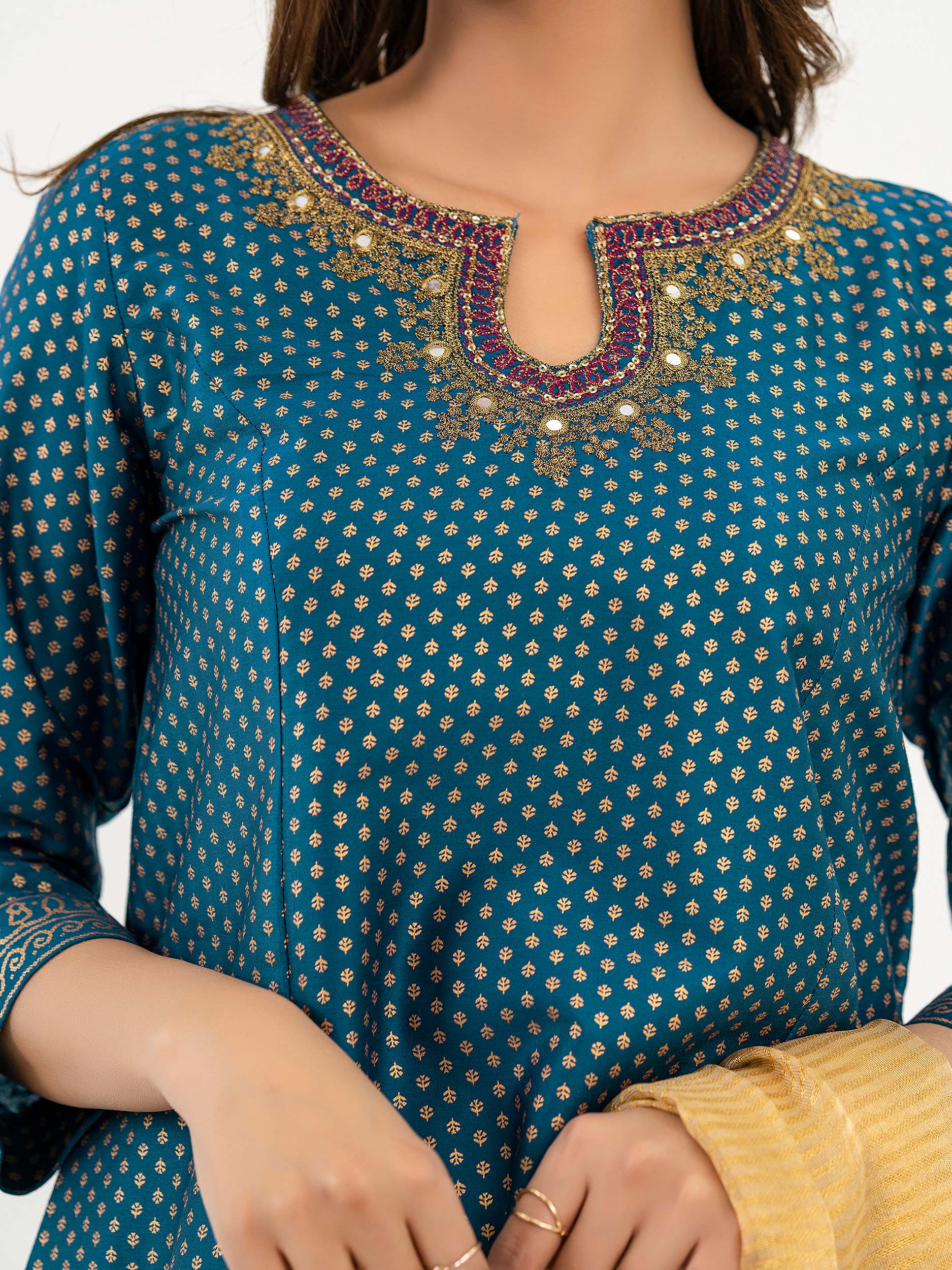 3 Piece Satin Suit-Embroidered (Pret)